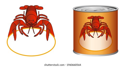 vector illustration of a lobster holding in its claws a blank label to place a logo and decorate packaging or a tin can. 