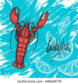 Vector illustration of lobster with lemon slice. Hand drawn sketch with blue painted backdround