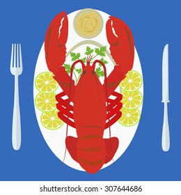 Vector illustration of lobster on plate with garnish