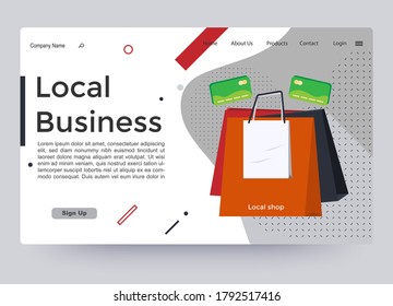 Vector Illustration Of Local Business Website Landing Page With Shopping Bags.