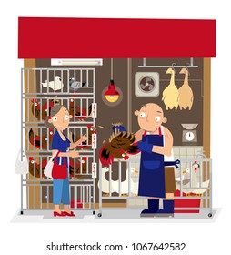 Vector illustration of local live poultry stall in Hong Kong