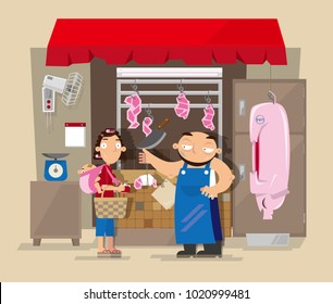 Vector illustration of local pork butcher's shop in Hong Kong