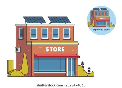 Ilustración vectorial del edificio de la tienda local con el panel solar y el contorno editable	