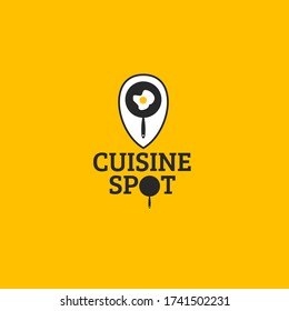 Icono de localización vectorial con huevo frito en una sartén con texto aislado en fondo amarillo perfecto para el logo de un restaurante moderno