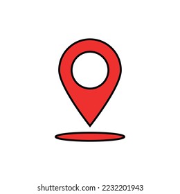 Vector illustration of location icon in red color with black stroke, map flat icon.
