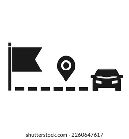 Vector illustration, location icon, route, geolocation of the car and flag. Flat design.