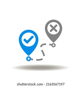 Vector illustration of location map pointers with check mark and cross sign. Icon of relocation. Symbol of we have moved.