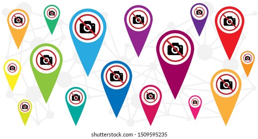 vector illustration with location markers symbols and restriction camera sign for no photo visual 