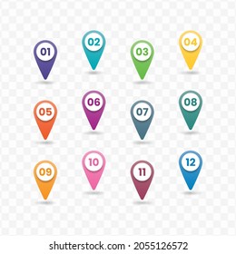 Vector illustration of location number bullet points from one to twelve with a transparent background (PNG).