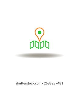 Ilustração vetorial do ponteiro de localização com mapa. Símbolo de navegação e posição. Ícone do aplicativo de visualização de estrada 3d.