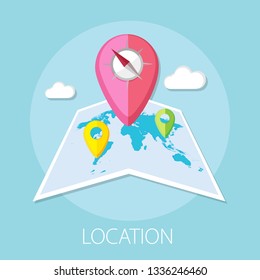 Vector illustration of location target and navigation map with "location" travel destination concept