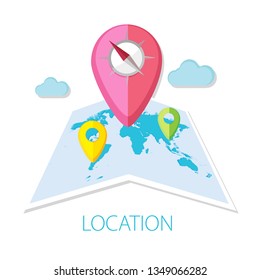 Vector illustration of location target and navigation map with "location" travel destination concept