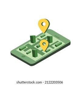 Vector illustration of Location track app on touchscreen smartphone, mobile city map, order live tracking, flat design for web page, banner, presentation, social media.