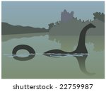 vector illustration of the Loch Ness monster swimming in front of Urquhart Castle in Loch Ness