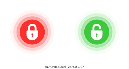 Vector illustration of lock icons in red and green circles, representing locked and unlocked states. Perfect for security, access control, and privacy concepts.