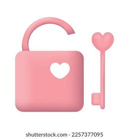 Ilustración vectorial de una cerradura y una llave con un corazón 3d. Aislado sobre fondo blanco
