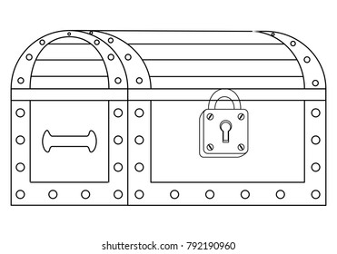 Vector illustration of a locked chest on white background, contour, outline.