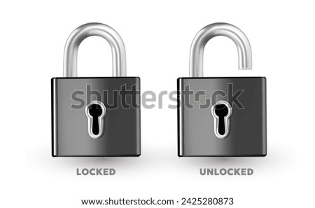 Vector illustration of locked and unlocked padlock on white background. 3d style design of metallic shine lock for web, site, banner, poster