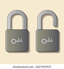 Ilustración vectorial de candados bloqueados y desbloqueados con íconos clave, útil para conceptos como seguridad de datos, Configuraciones de privacidad, control de acceso de usuario e interfaces de Inicio de sesión seguras.