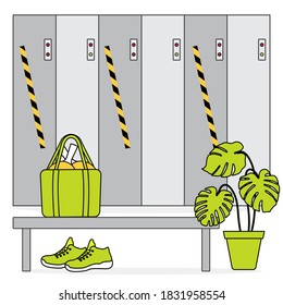 Vector illustration Locker room with safe lockers in sports club, fitness center New normal after COVID-19 pandemic Cells for storage Reducing risk of infection, prevention measures Design for print