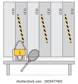 Vector illustration Locker room with safe lockers in sports club, fitness center New normal after COVID-19 pandemic Cells for storage Reducing risk of infection, prevention measures Design for print