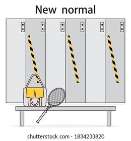 Vector illustration Locker room with safe lockers in sports club, fitness center New normal after COVID-19 pandemic Cells for storage Reducing risk of infection, prevention measures Design for print