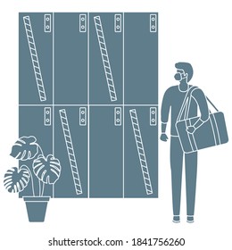Ilustración vectorial Casilla con taquillas seguras en el club deportivo, gimnasio Nueva normalidad después de las células pandémicas COVID-19 para almacenamiento Reducción del riesgo de infección, medidas de prevención Diseño para impresión