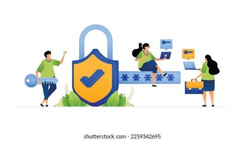 Vector illustration of locking down security. Ultimate defense on shield shaped padlock with key and password. Protecting and safeguarding data privacy. Can use for ad, poster, campaign, website, apps