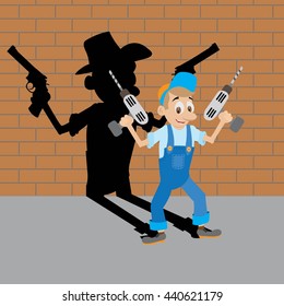 vector illustration of a locksmith holding in his hand the electric drill. and on the wall the shadow falls from the cowboy with the gun. cartoon.