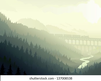 Vector illustration of locomotive on bridge (aqueduct) in wild coniferous wood with river in morning fog.