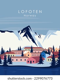 Vector illustration. Lofoten, Norway. Scandinavian fjords. Design for posters, postcards, banners. Isolated vector.