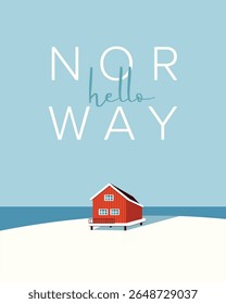 Ilustração vetorial. Lofoten Noruega cartão postal turístico, cartaz, banner, paisagem de inverno, pé de cabra vermelho, neve, inverno. Design moderno.