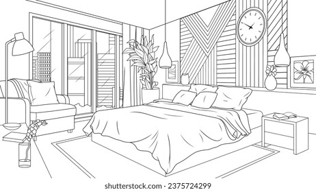 Vector illustration, loft style bedroom interior design, coloring book.