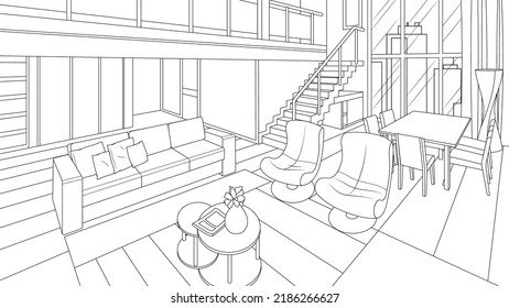 Vector illustration, loft style living room interior, coloring book