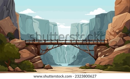 Vector illustration of a log bridge between mountains over a cliff in a rock top landscape with a waterfall and trees in the background. Beautiful natural scenery, bridge of beams connecting the rocky Stock foto © 