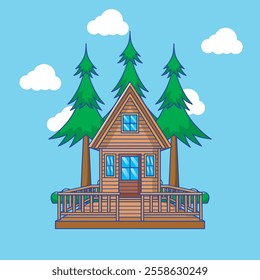 Vector illustration of a log cabin in cartoon. Cute log cabin in the forest.