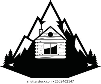 Ilustração vetorial de uma cabine de madeira aninhada nas montanhas com pinheiros