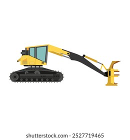 Vektorgrafik von Holzerntemaschine im Cartoon-Flachstil. Minimalistischer Icon Log Harvester. Erntewagen zum Arbeiten im Waldgebiet zum Entgraten, Schneiden und Sortieren von Holzstapeln. Feller Buncher