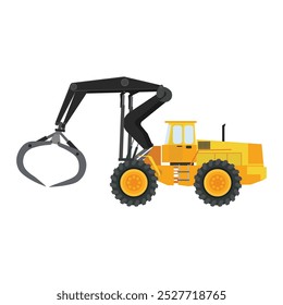 Vector illustration of log loader in cartoon flat style.Tracked shovel log loader vehicle for worknig at forest area for sorting and loading wood pile. Heavy forestry machine for harvest log