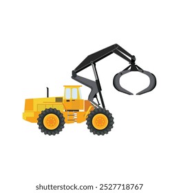 Vector illustration of log loader in cartoon flat style.Tracked shovel log loader vehicle for worknig at forest area for sorting and loading wood pile. Heavy forestry machine for harvest log