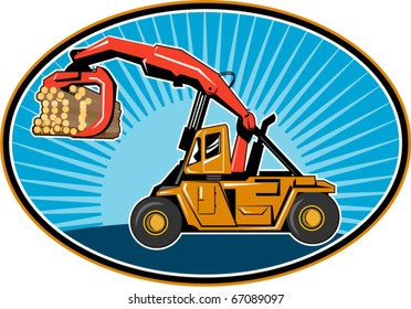 vector illustration of a Logging forklift truck  hoisting logs timber lumber with sunburst set inside an ellipse