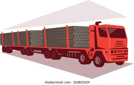vector illustration of a logging lorry truck and trailer done in retro style.