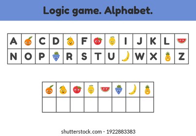Vector illustration. Logic game. Alphabet. What letters are missing. Worksheet for kids kindergarten. preschool and school age. Fruits.