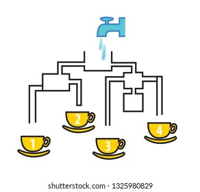 Vector illustration of logic game with water and cups isolated on white background.