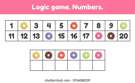 Vector illustration. Logic game. What numbers are missing. Worksheet for kids kindergarten. preschool and school age.