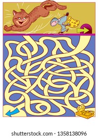 In vector illustration, a logic puzzle for children, in which you need to decide how mouse to run  from cat