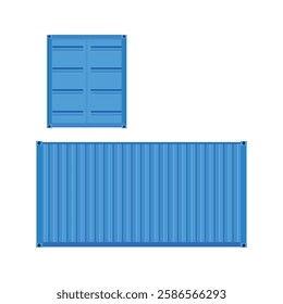 Vector illustration of logistic blue cargo container in cartoon flat style. Front, side back and perspective view. Shipping, transportation and delivery concept. 