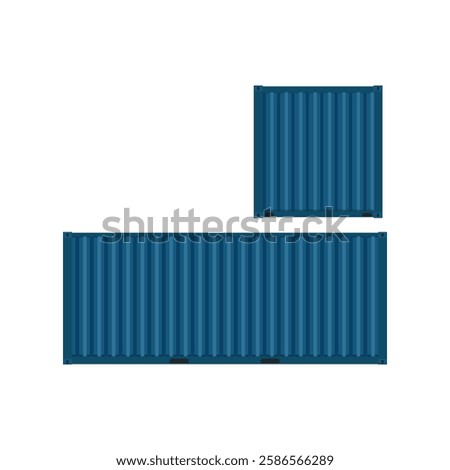 Vector illustration of logistic blue cargo container in cartoon flat style. Front, side back and perspective view. Shipping, transportation and delivery concept. 