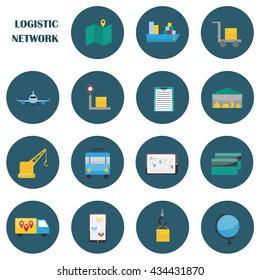 Vector illustration with logistic delivery flat icons. Vector logistic service concept. Truck, checklist, plane, globe, map, ship, warehouse. Illustration with logistic fast delivery objects