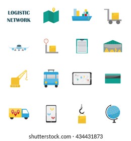 Vector illustration with logistic delivery flat icons. Vector logistic service concept. Truck, checklist, plane, globe, map, ship, warehouse. Illustration with logistic fast delivery objects